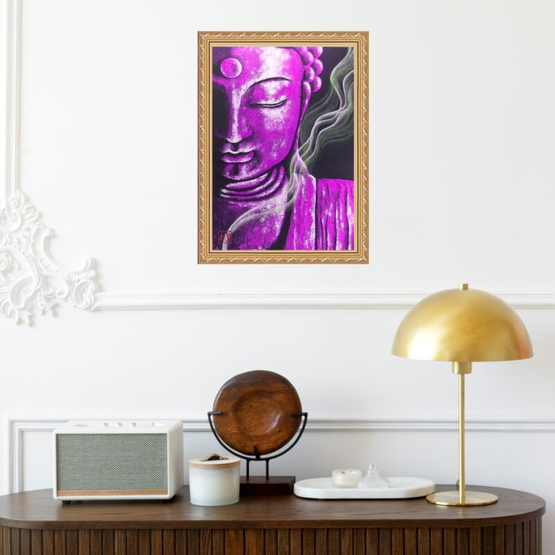 Quadro Moldura Dourada Buda Roxo