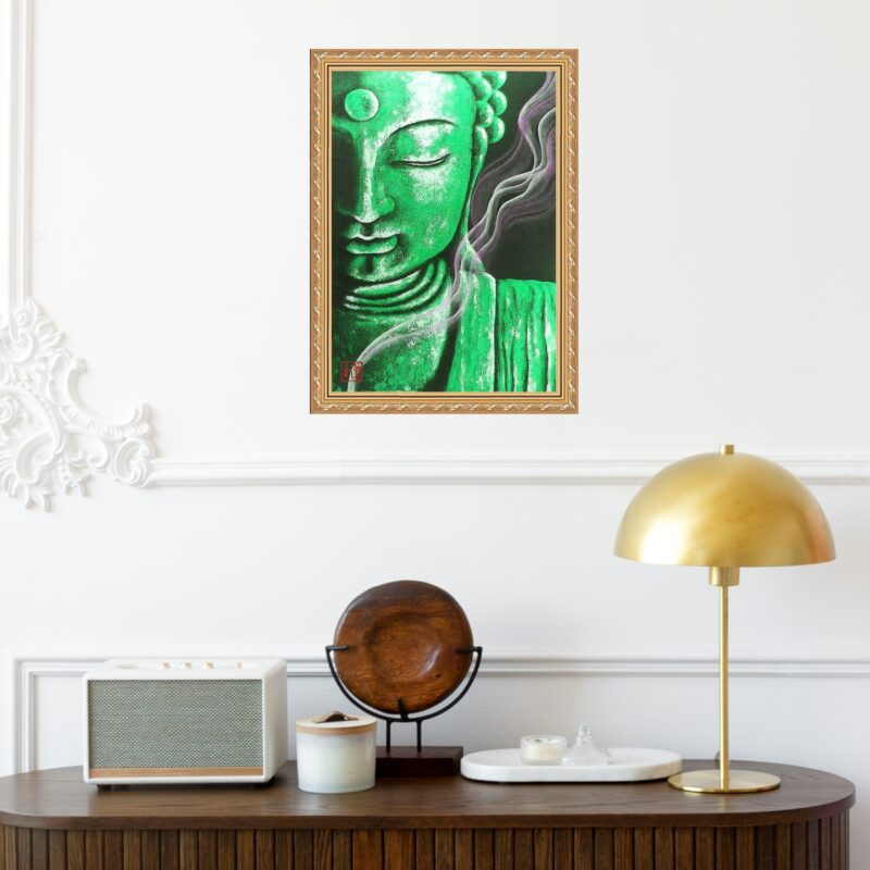 Quadro Moldura Dourada Buda Verde b