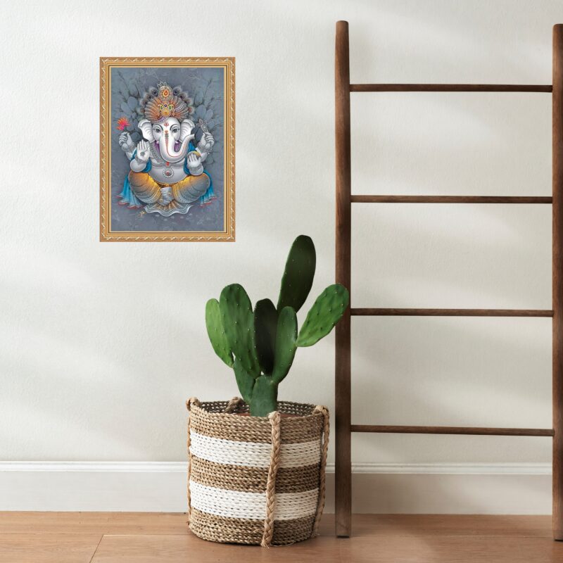 Quadro Moldura Dourada Ganesha Cinza b