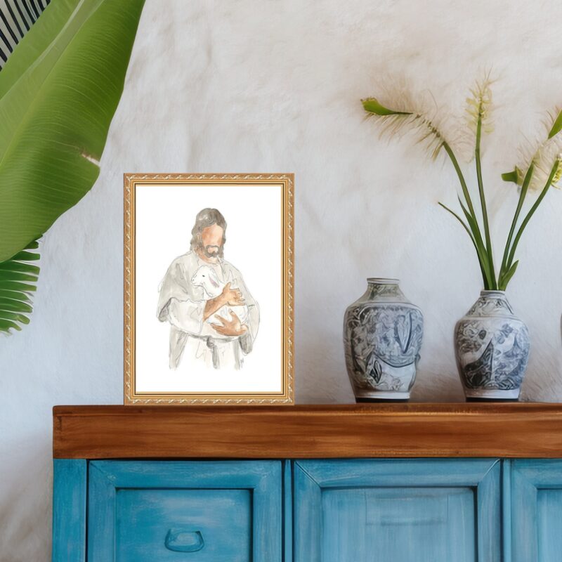 Quadro Moldura Dourada Jesus Com Cordeiro