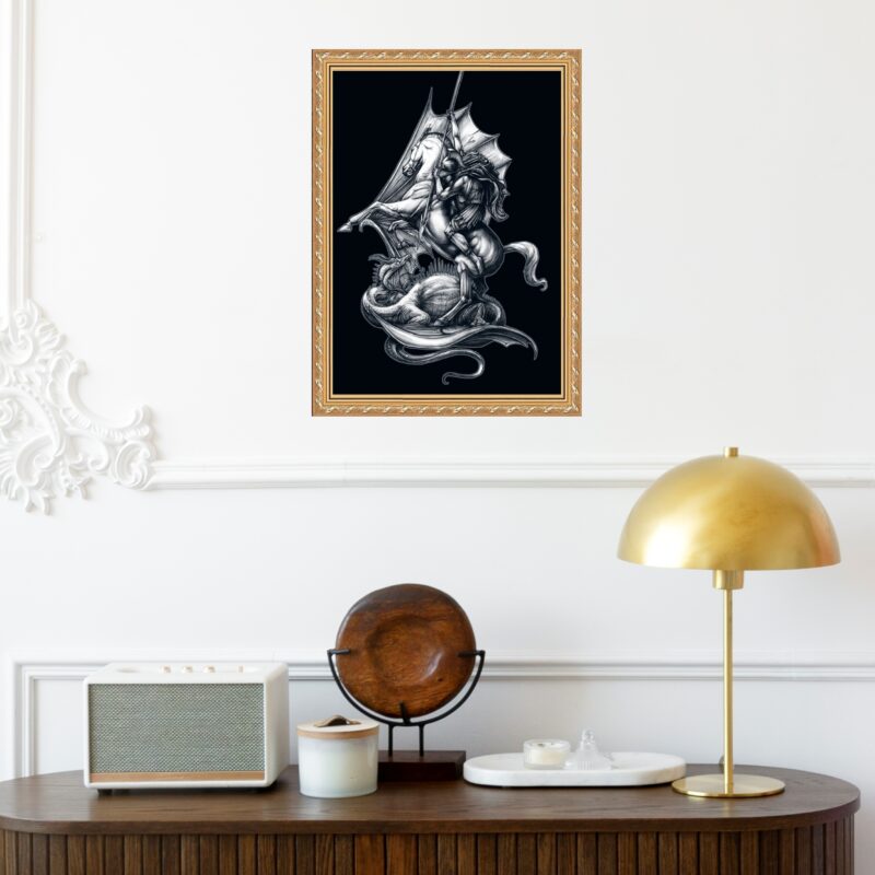 Quadro Moldura Dourada São Jorge Fundo Preto