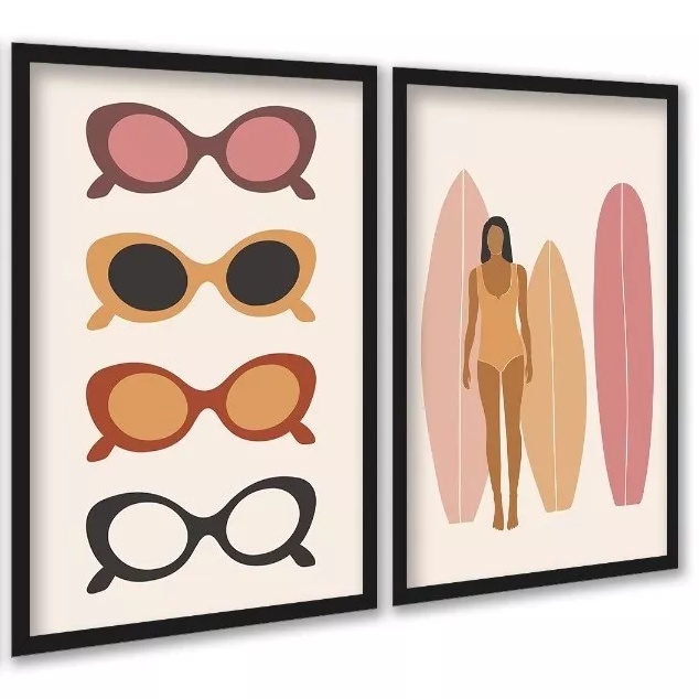 Kit 2 Quadros Óculos de Sol e Prancha De Surf