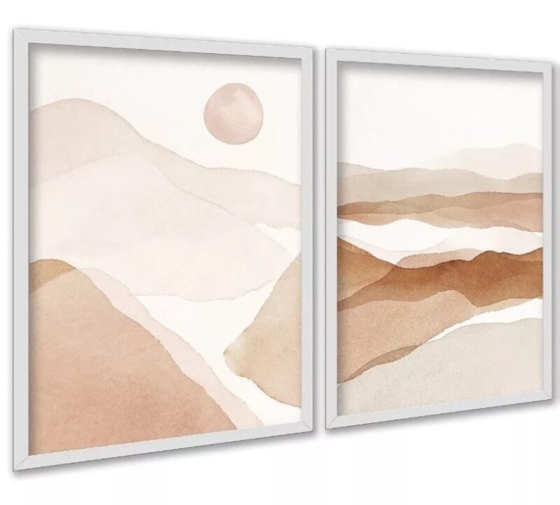 Kit 2 Quadros Abstratos Aquarela Paisagem Bege