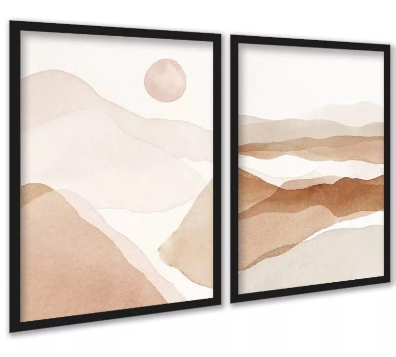 Kit 2 Quadros Abstratos Aquarela Paisagem Bege