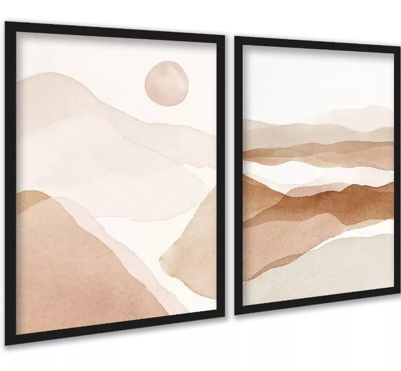 Kit 2 Quadros Abstratos Aquarela Paisagem Bege