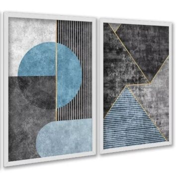 Kit 2 Quadros Abstratos Azul e Cinza Cimento