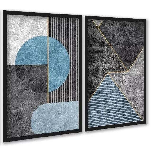 Kit 2 Quadros Abstratos Azul e Cinza Cimento