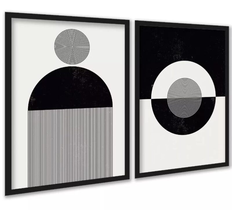 Kit 2 Quadros Abstratos Formas e Linhas Preto e Branco