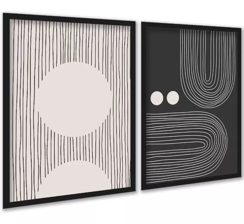 Kit 2 Quadros Abstratos Linhas Preto e Bege - Formas