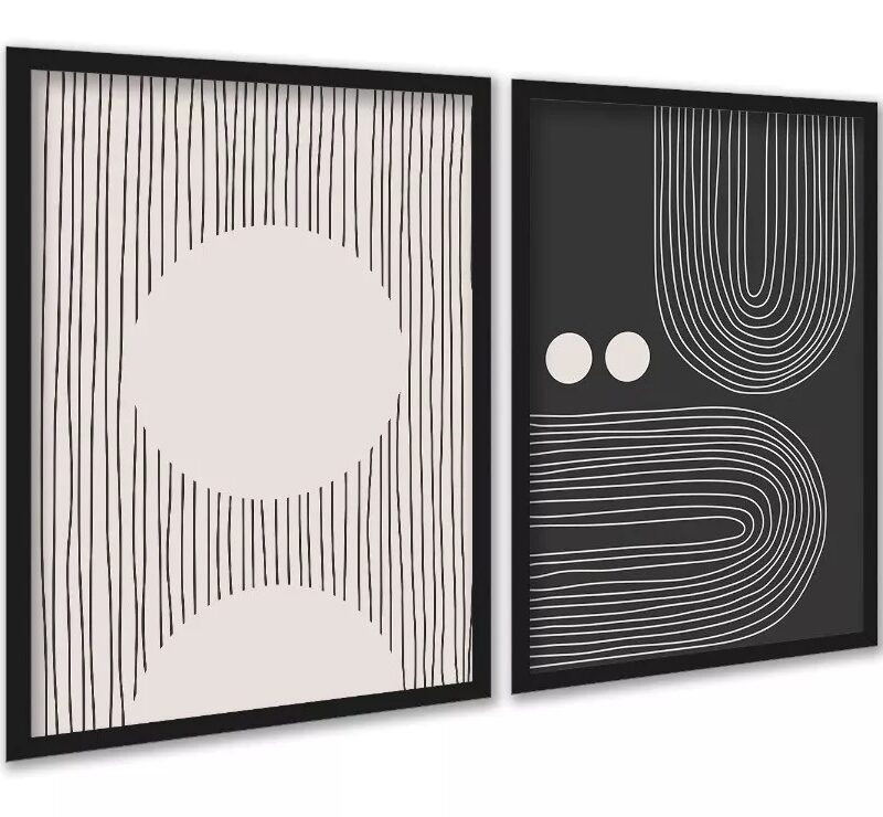 Kit 2 Quadros Abstratos Linhas Preto e Bege - Formas