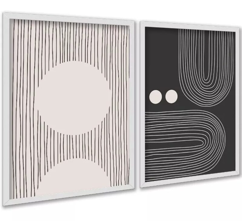 Kit 2 Quadros Abstratos Linhas Preto e Bege - Formas