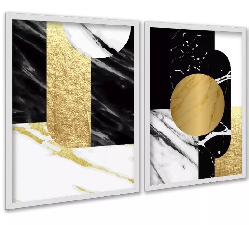 Kit 2 Quadros Abstratos Preto e Dourado - Mármore