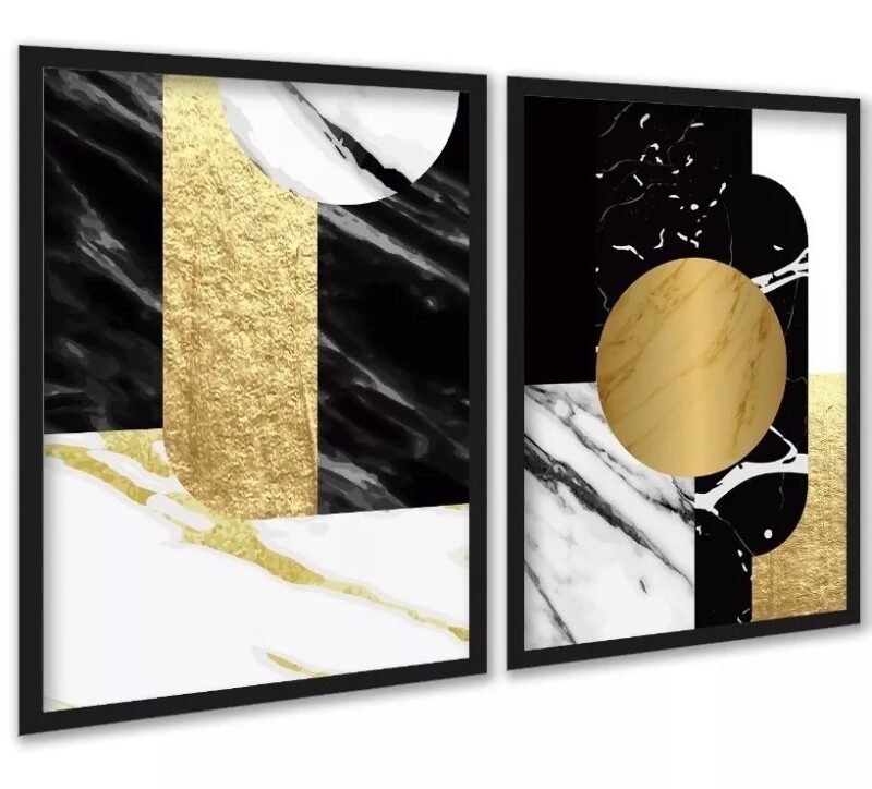 Kit 2 Quadros Abstratos Preto e Dourado - Mármore