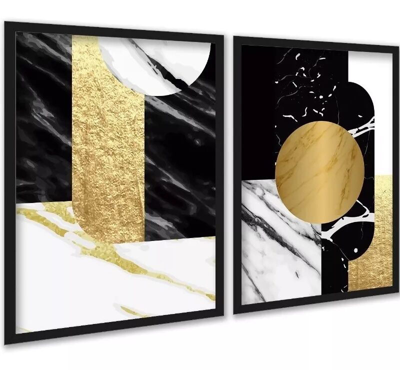 Kit 2 Quadros Abstratos Preto e Dourado - Mármore