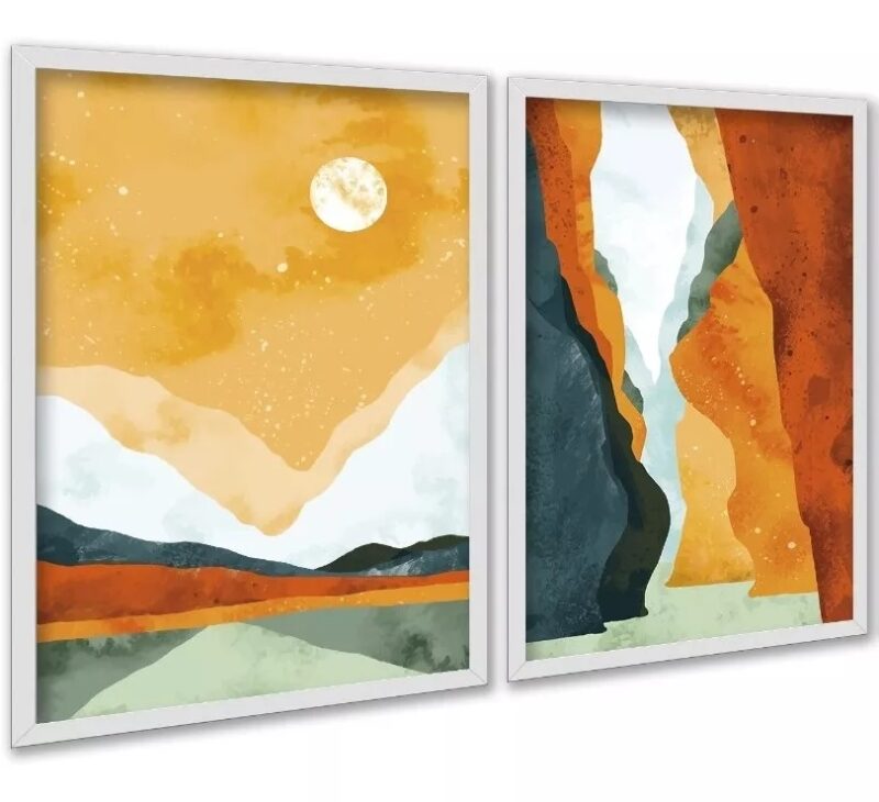 Kit 2 Quadros Aquarela Paisagens Abstratas Boho