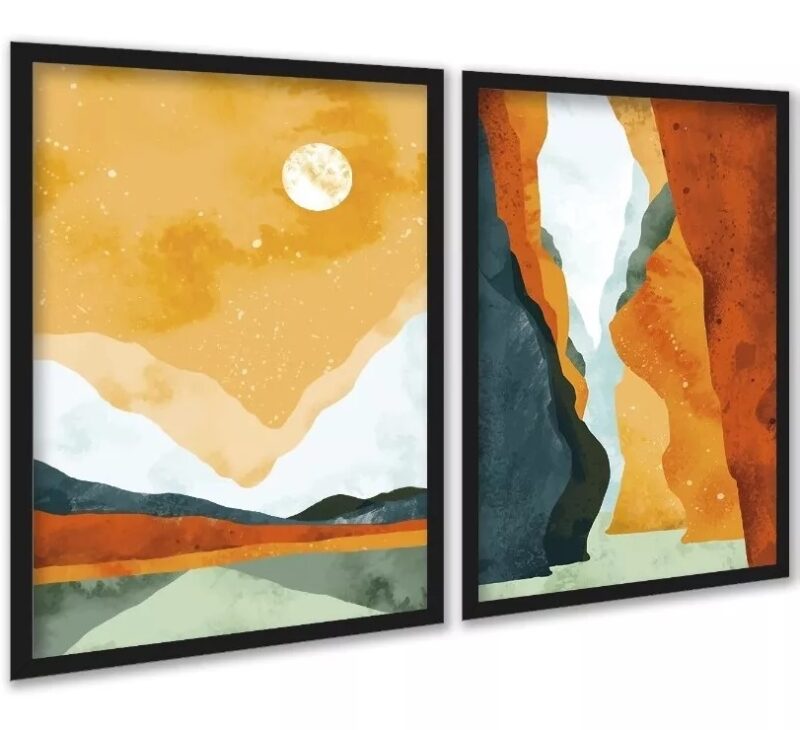 Kit 2 Quadros Aquarela Paisagens Abstratas Boho