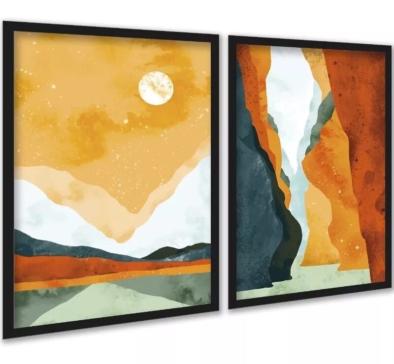 Kit 2 Quadros Aquarela Paisagens Abstratas Boho