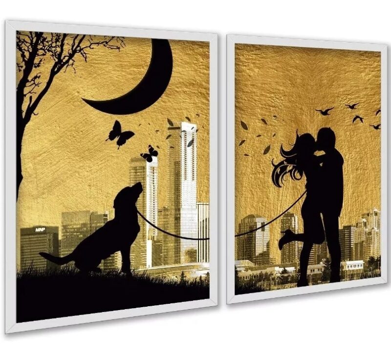 Kit 2 Quadros Arte Casal Com Cachorro