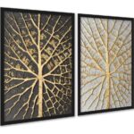 Kit 2 Quadros Árvores Raízes Preto Branco Dourado