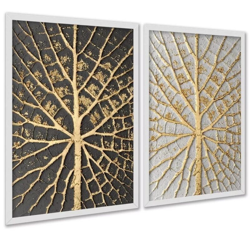 Kit 2 Quadros Árvores Raízes Preto Branco Dourado