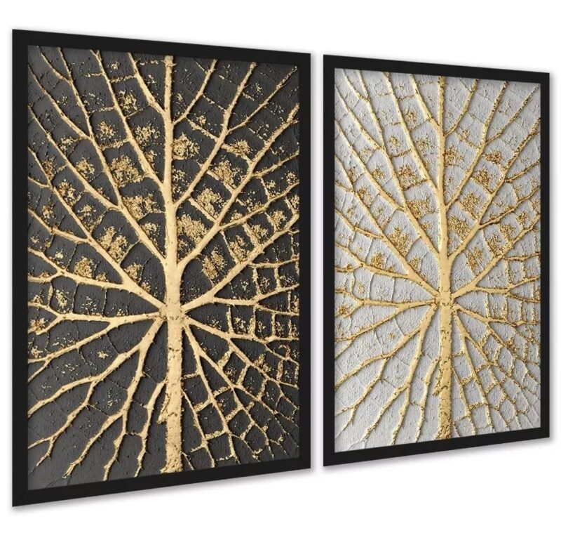 Kit 2 Quadros Árvores Raízes Preto Branco Dourado