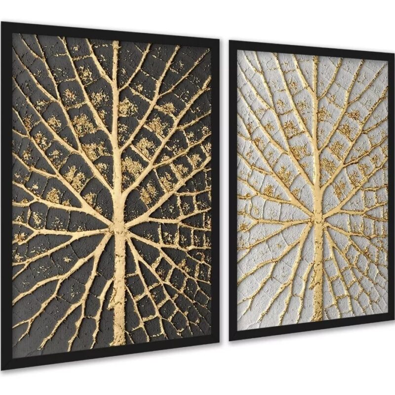 Kit 2 Quadros Árvores Raízes Preto Branco Dourado