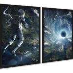 Kit 2 Quadros Astronauta Buraco Negro Espaço
