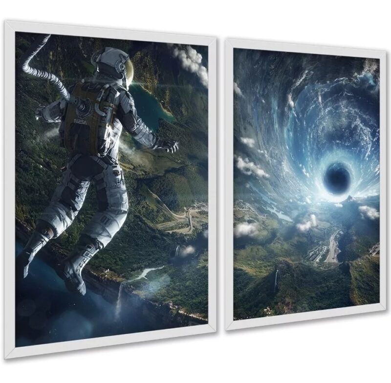 Kit 2 Quadros Astronauta Buraco Negro Espaço
