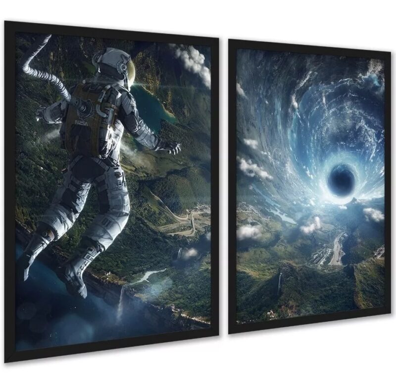 Kit 2 Quadros Astronauta Buraco Negro Espaço