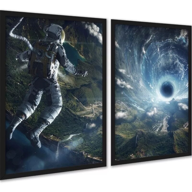 Kit 2 Quadros Astronauta Buraco Negro Espaço