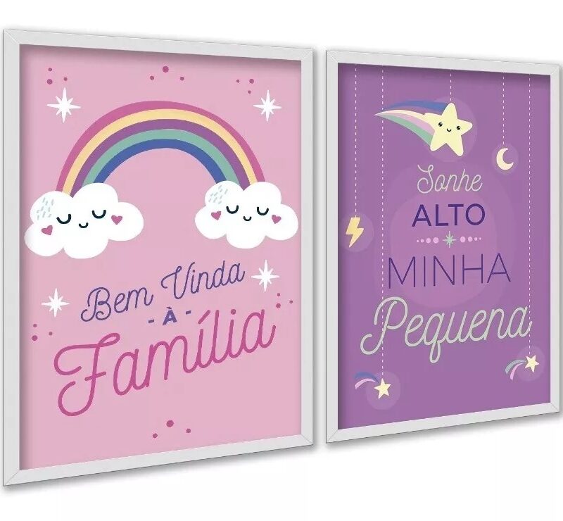 Kit 2 Quadros Bebê Menina - Lilás e Rosa