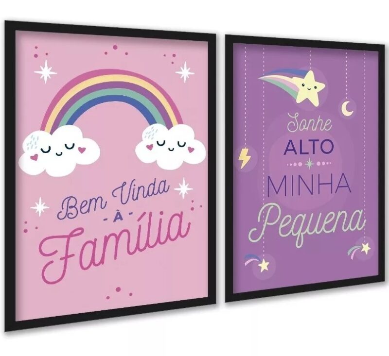 Kit 2 Quadros Bebê Menina - Lilás e Rosa