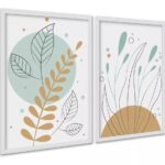 Kit 2 Quadros Boho Plantas Tons Pastéis Verde