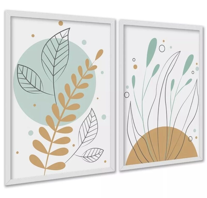 Kit 2 Quadros Boho Plantas Tons Pastéis Verde