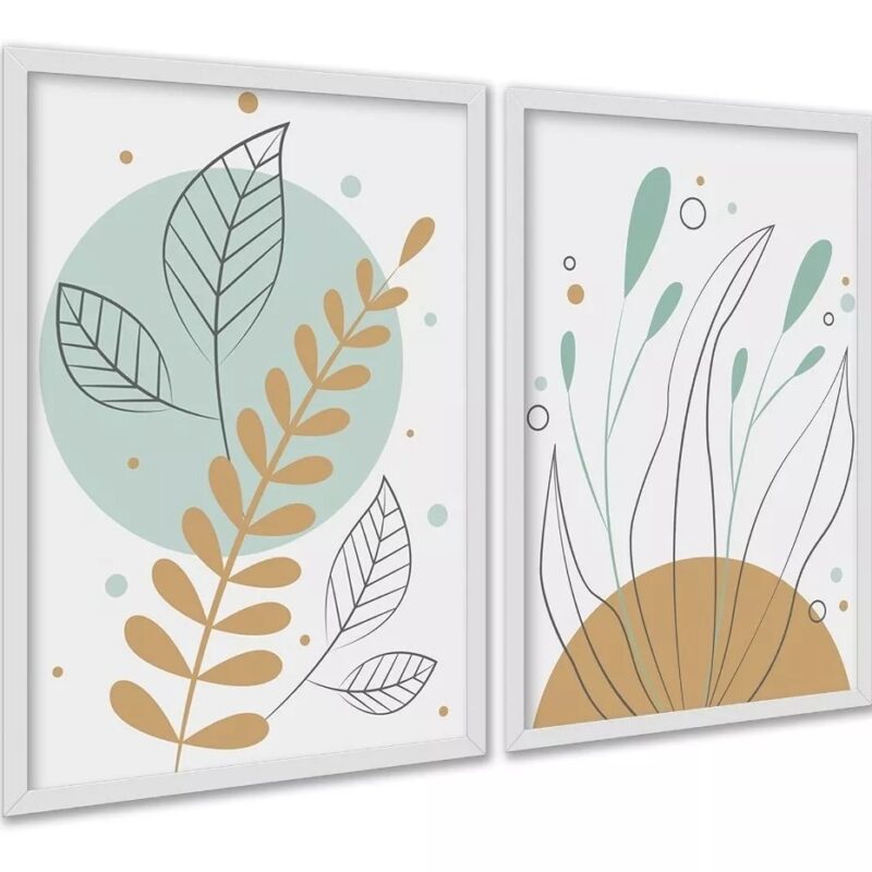 Kit 2 Quadros Boho Plantas Tons Pastéis Verde