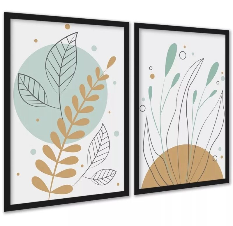Kit 2 Quadros Boho Plantas Tons Pastéis Verde