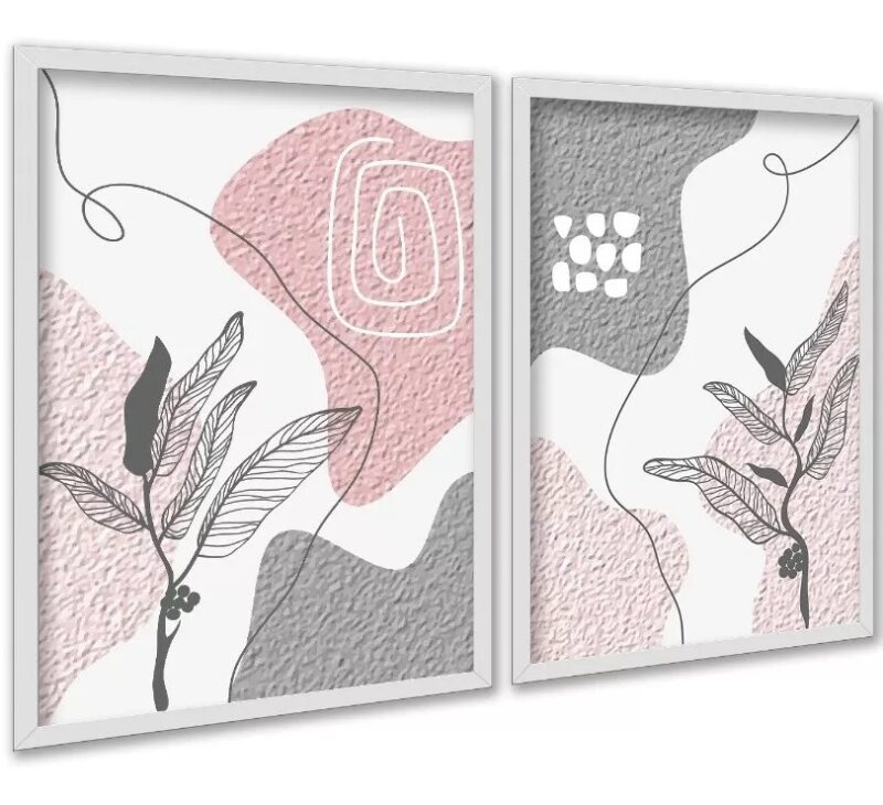Kit 2 Quadros Bohos Cinza e Rosa Efeito Textura