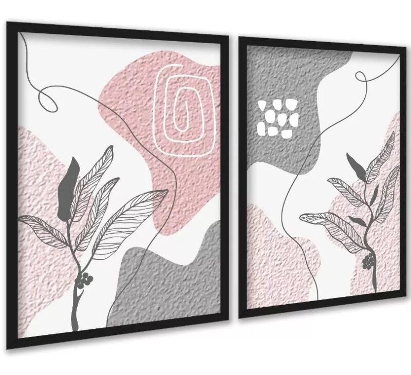 Kit 2 Quadros Bohos Cinza e Rosa Efeito Textura