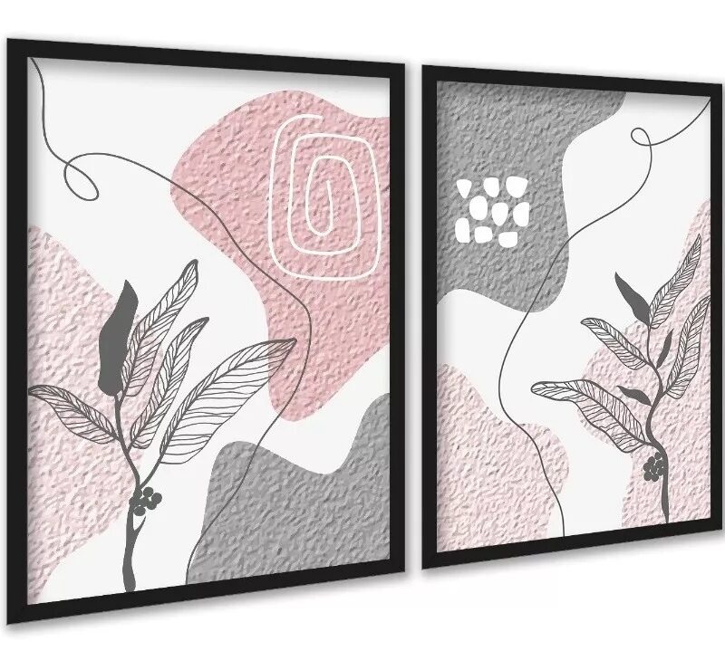 Kit 2 Quadros Bohos Cinza e Rosa Efeito Textura