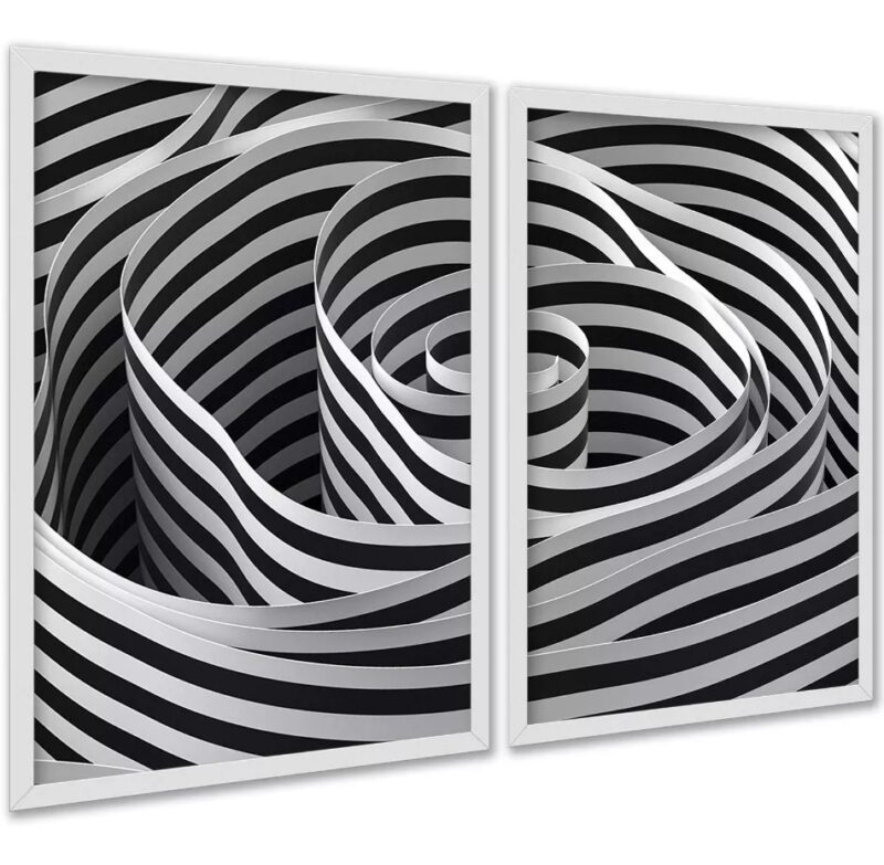 Kit 2 Quadros Decorativos Espiral Listras Branco Preto