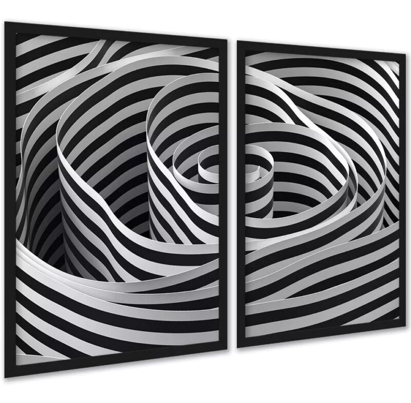 Kit 2 Quadros Decorativos Espiral Listras Branco Preto
