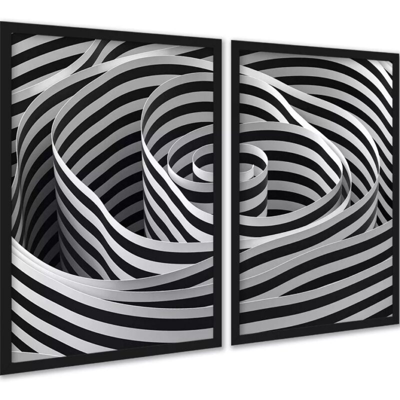 Kit 2 Quadros Decorativos Espiral Listras Branco Preto