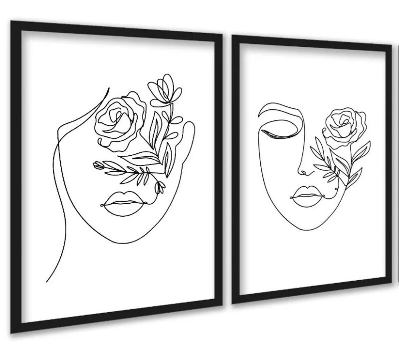 Kit 2 Quadros Decorativos Minimalistas Rostos Floral