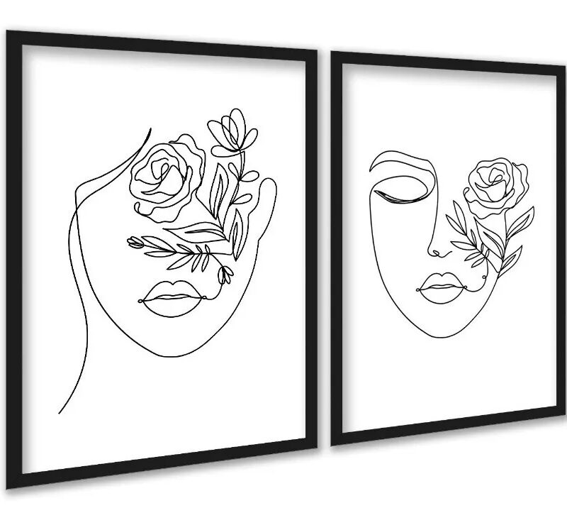 Kit 2 Quadros Decorativos Minimalistas Rostos Floral