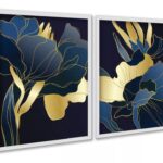 Kit 2 Quadros Florais Azul Dourado Linhas