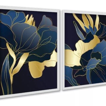 Kit 2 Quadros Florais Azul Dourado Linhas
