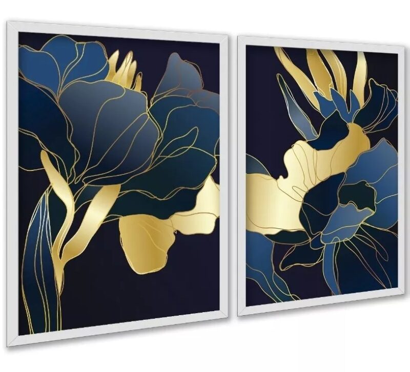 Kit 2 Quadros Florais Azul Dourado Linhas