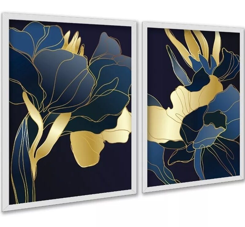 Kit 2 Quadros Florais Azul Dourado Linhas