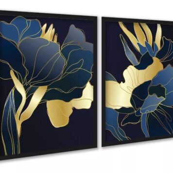 Kit 2 Quadros Florais Azul Dourado Linhas