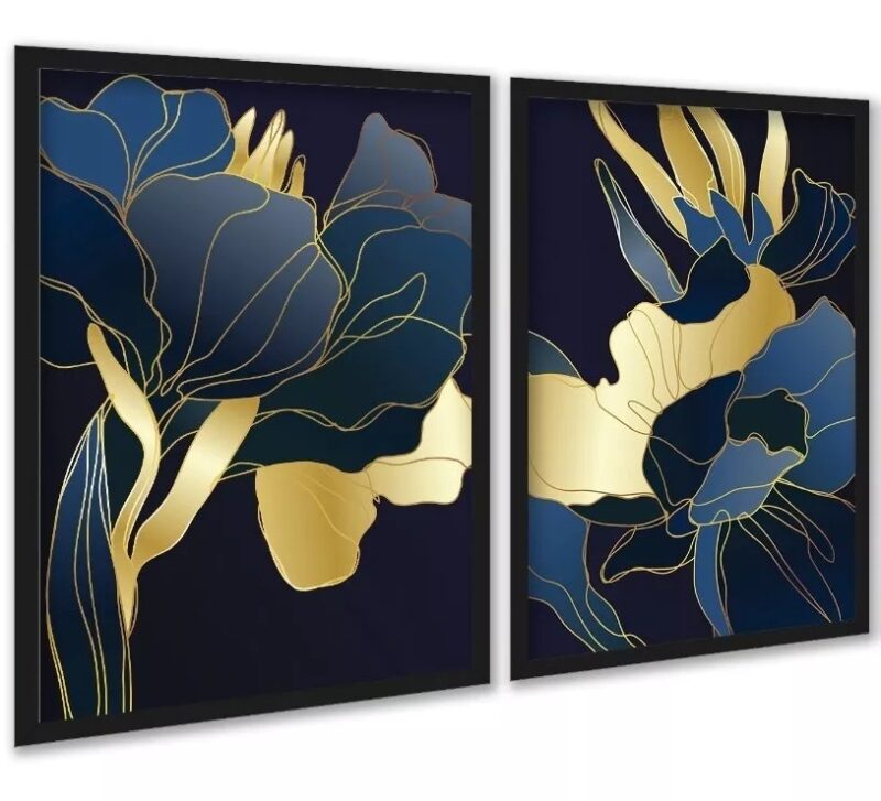 Kit 2 Quadros Florais Azul Dourado Linhas